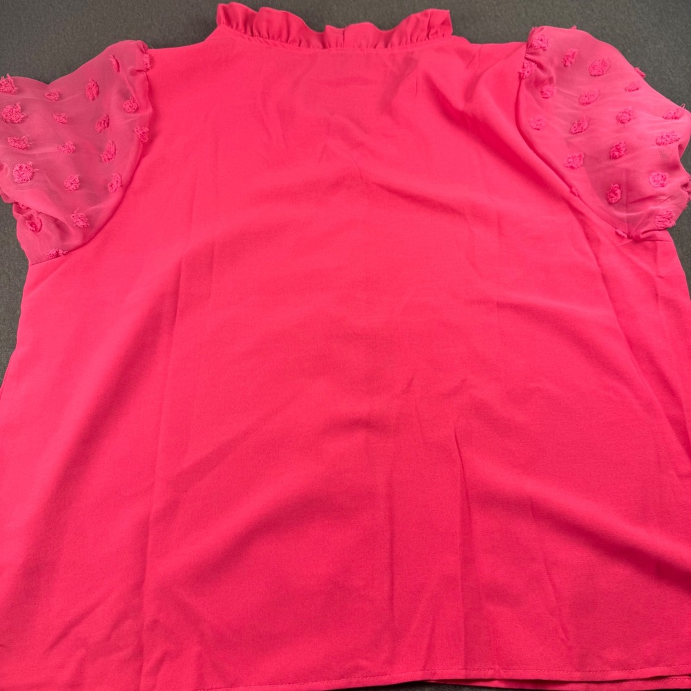 SHEIN Curve Hot Pink Ruffle V-Neck Blouse Swiss Dot Mesh Puff Sleeve Top 1XL - Picture 8 of 9